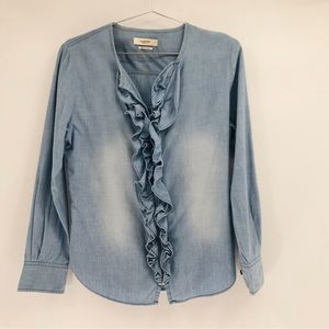 Isabel Marant Etoile Liz Zip Front Blouse Ruffle Denim Blue Size 6